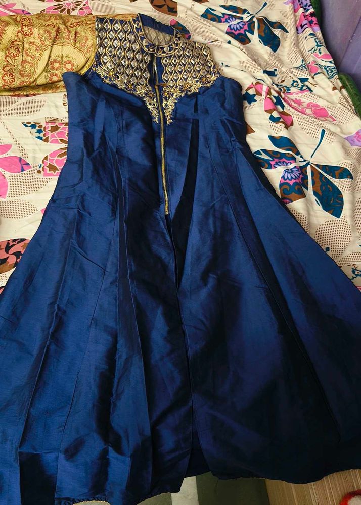 Elegant Blue Ethnic Gown with Gold Embellishment