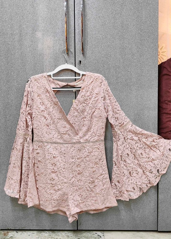 Pink Lace Bell Sleeve Romper
