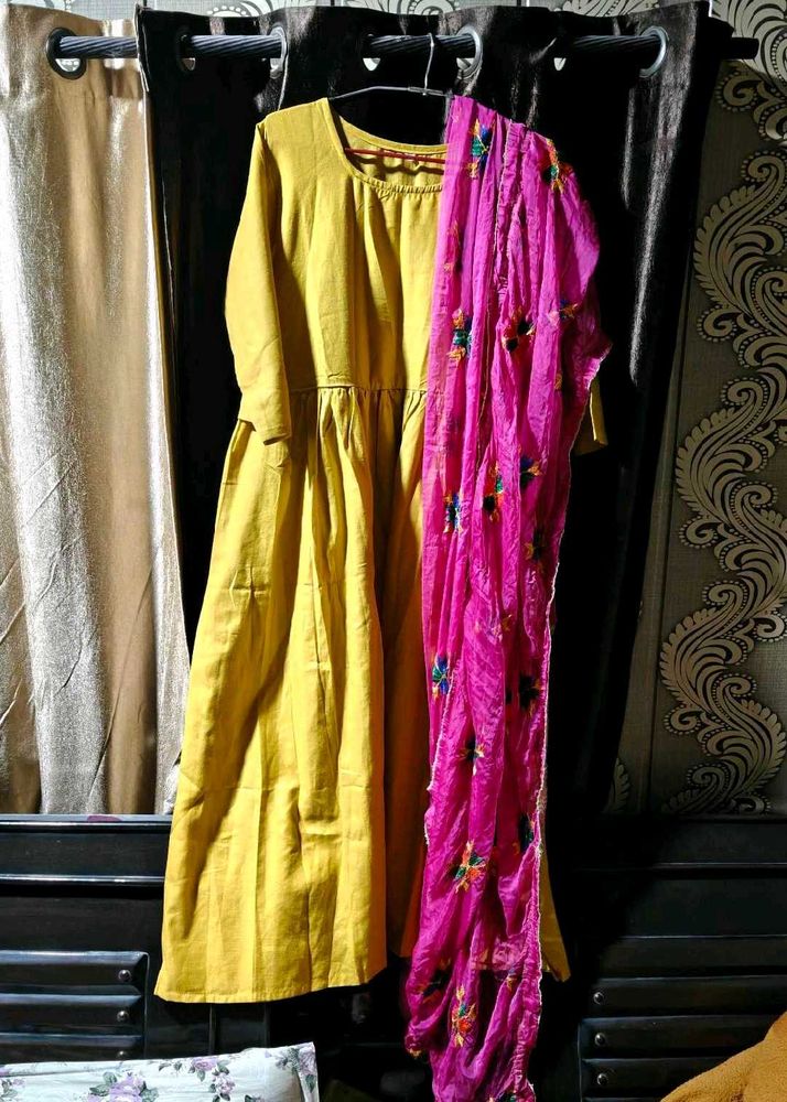 Elegant Yellow Kurta with Pink Dupatta