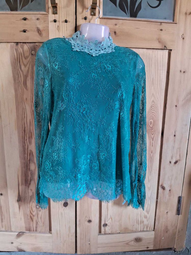 Elegant Teal Lace Long Sleeve Top