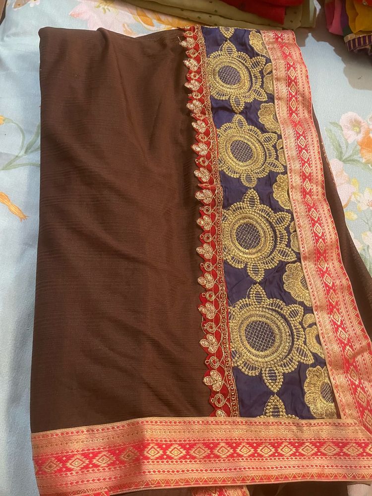 Elegant Brown Saree with Gold Embroidery
