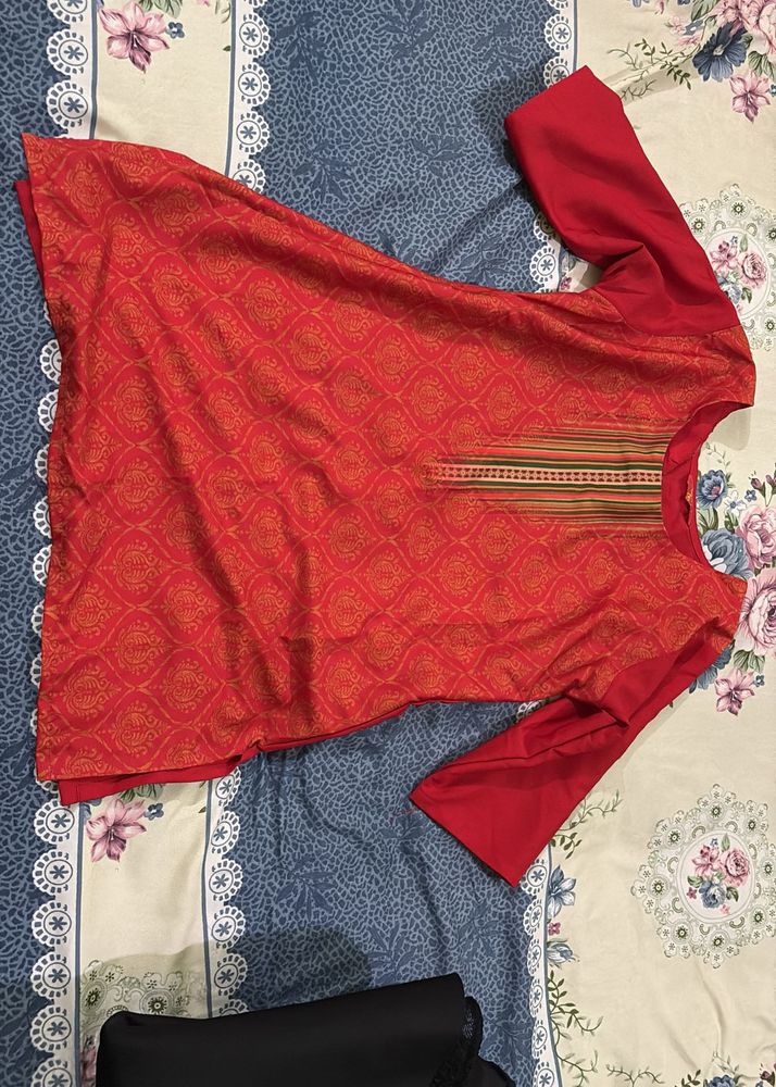 Red Ethnic Kurta with Gold Print top