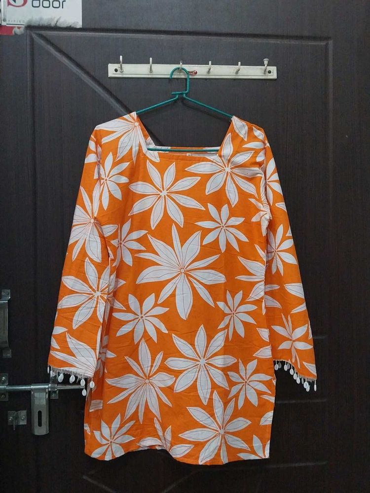 Orange Floral Print Kurta