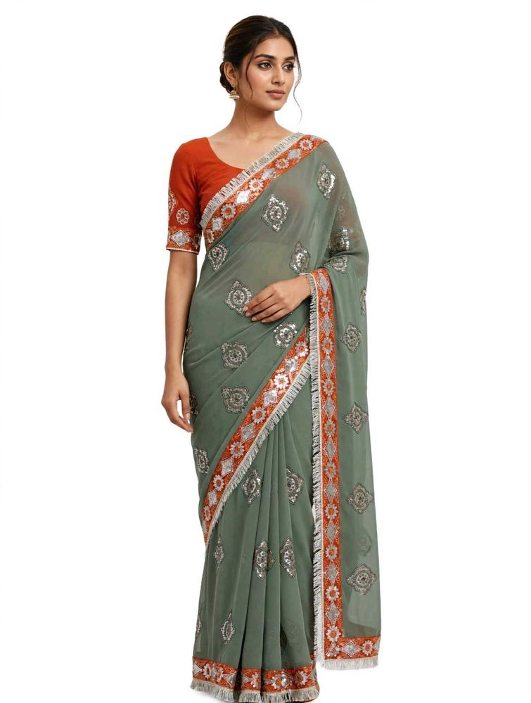 Elegant Grey Embellished Saree