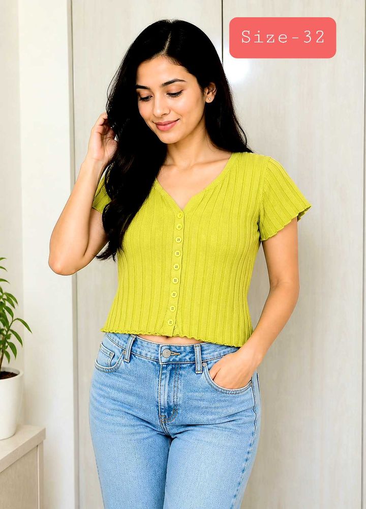 Lime Green Ribbed Button-Up Crop Top Size-30-32