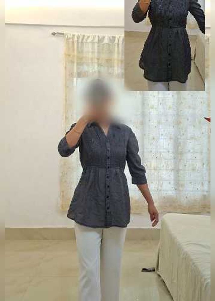 Chic Grey Smocked Button-Up Tunic Top