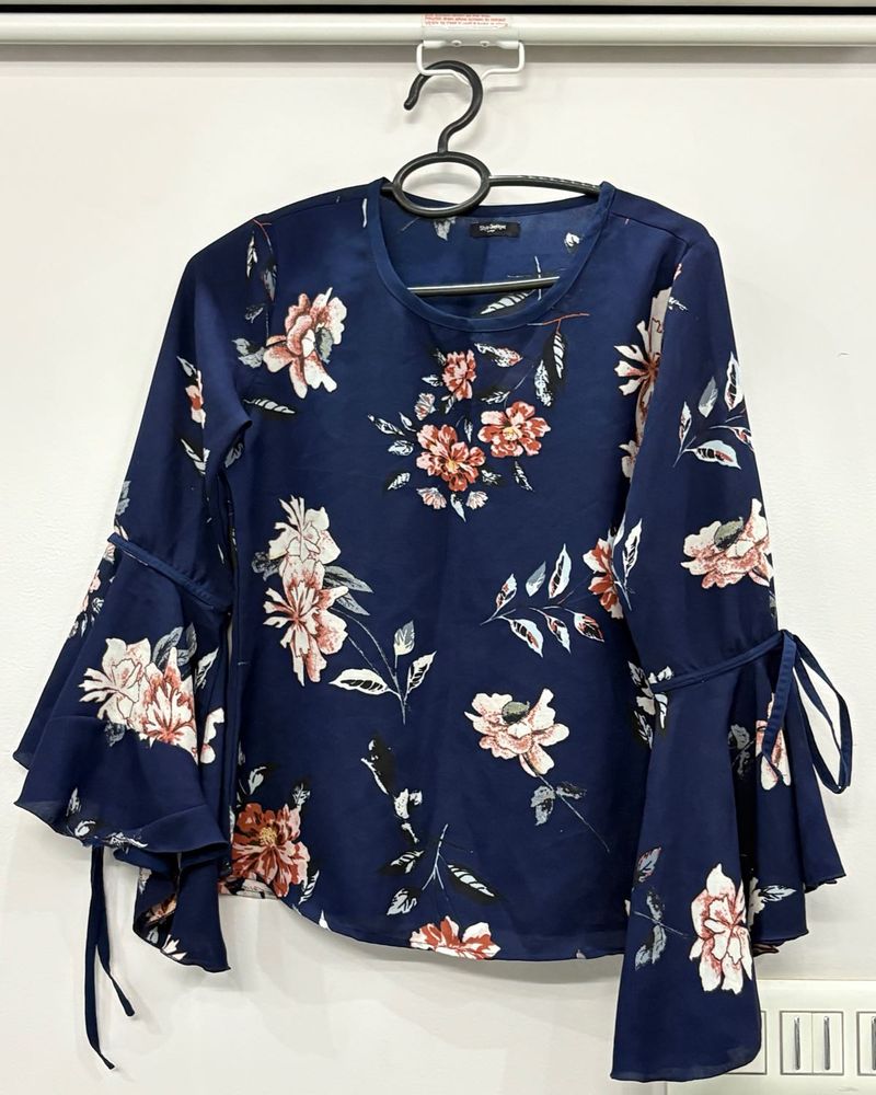 Navy Floral Bell Sleeve Top