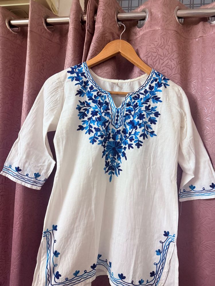 White Embroidered Short Kurti