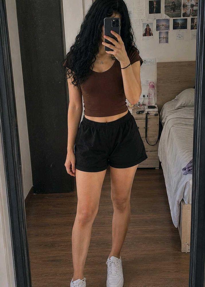 Brown Ribbed Fitted Scoop Square Neck Crop top