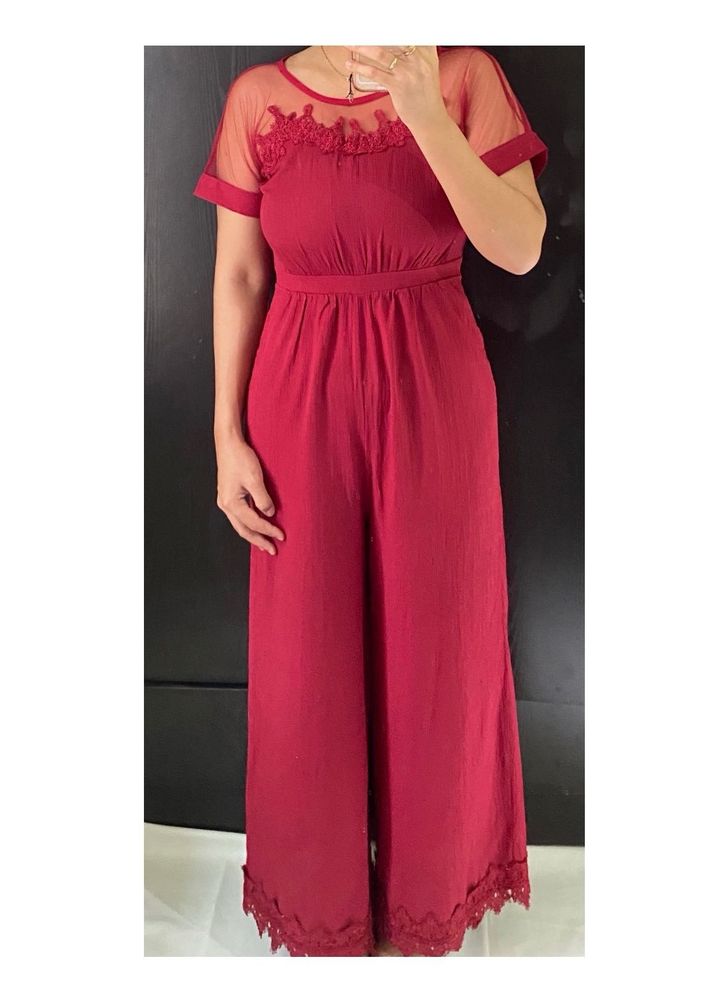 Elegant Red Lace Trim Jumpsuit