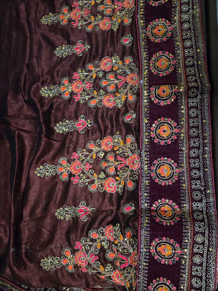 Embroidered  Brown Cotton Silk Saree