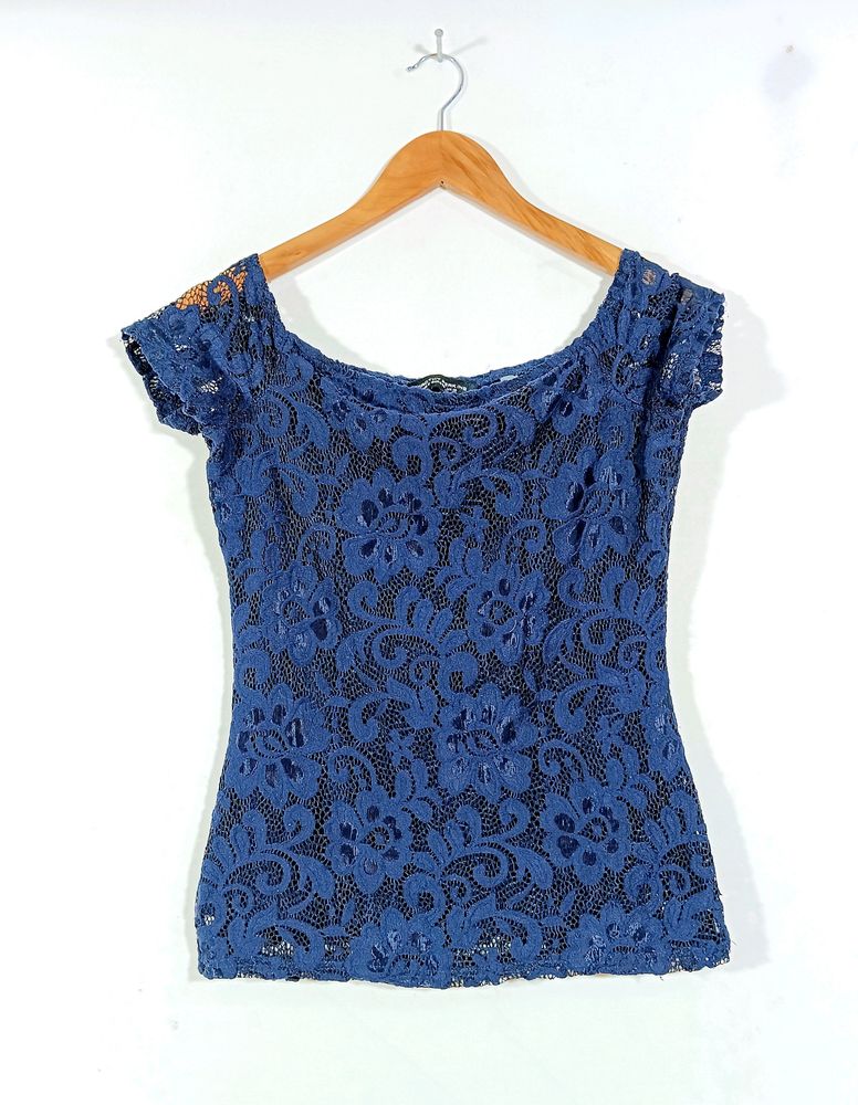 Blue Lace Cap Sleeve Top