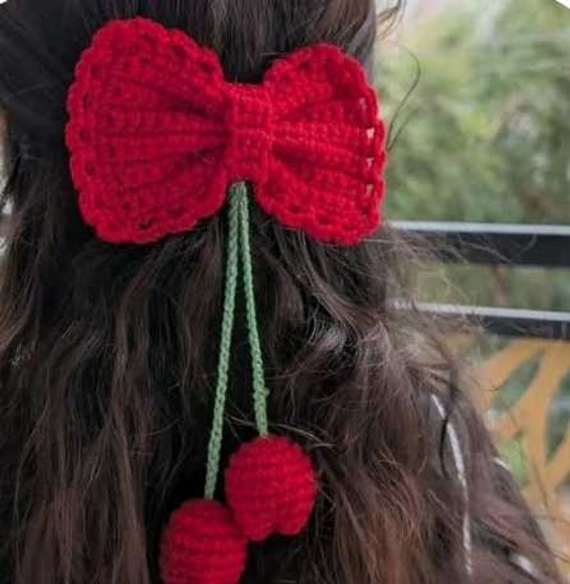Red Crochet Bow Hair Clip with Cherry Charm