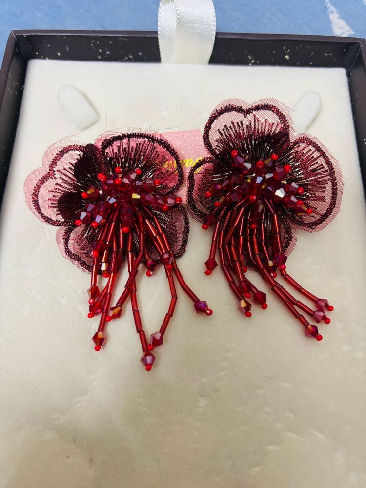 Red Beaded Flower Earrings