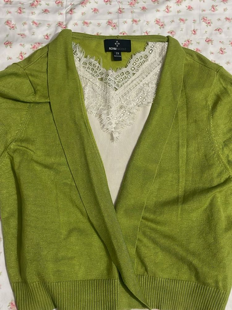 Lime Green Cardigan with Lace Trim