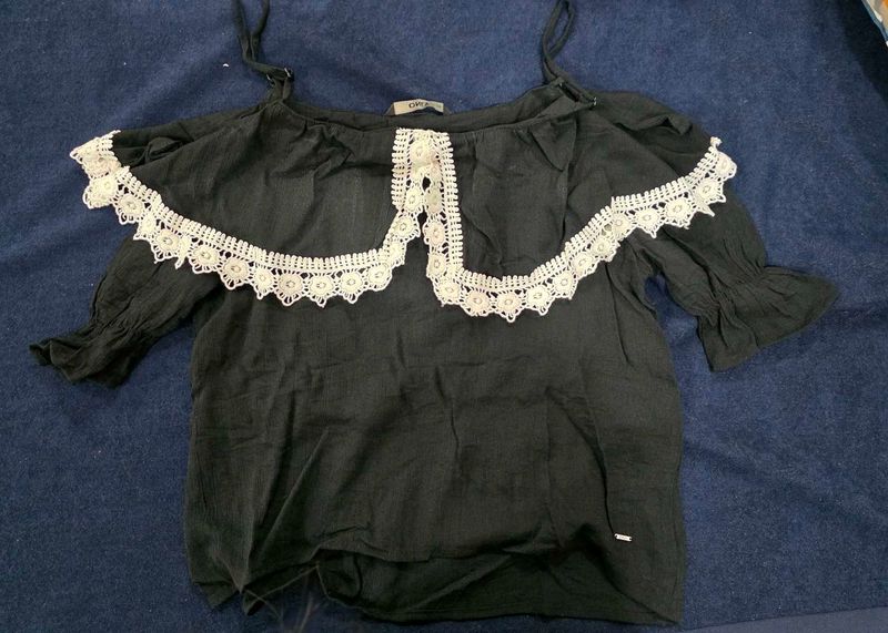 Black Off-Shoulder Lace Trim Top