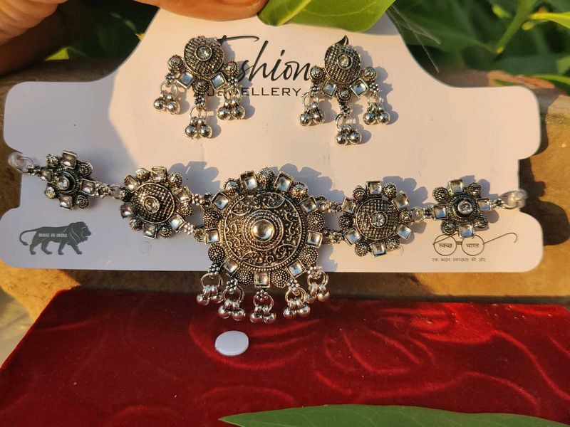 Oxidized Silver Necklace and Earrings Set