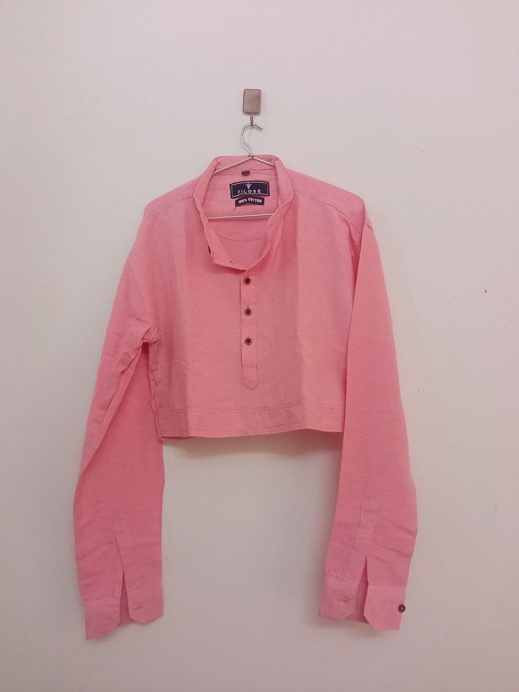 Pink Crop Henley Neck Shirt