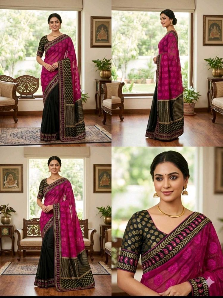 Beautiful Magenta Black Embroidered Saree