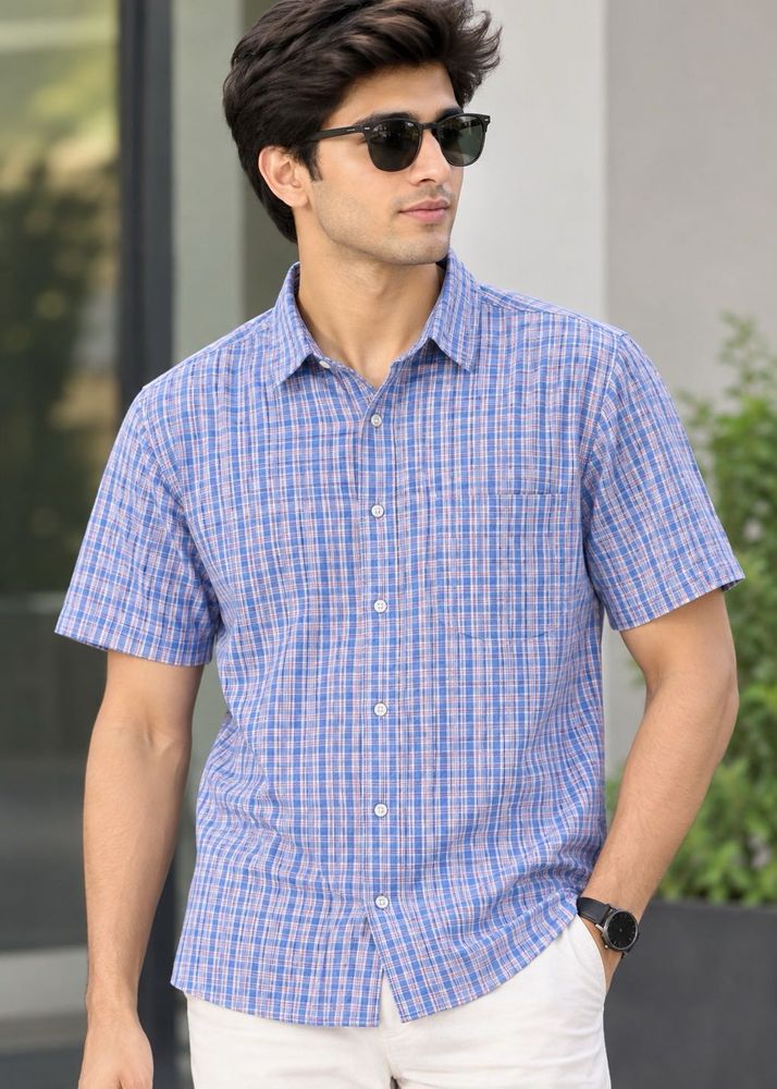 Men's Blue Plaid Short Sleeve Shirt