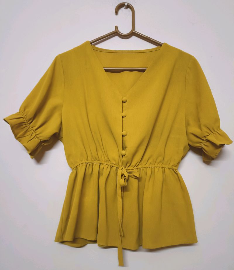 Clinched Waist Mustard Colour Crop Top (Women's)