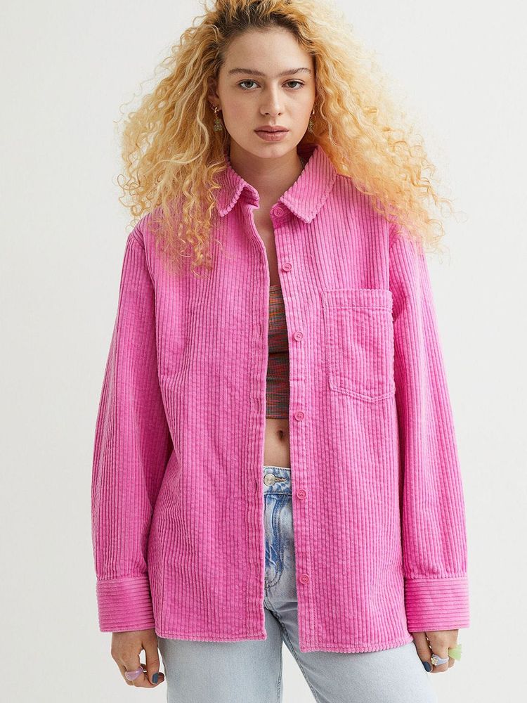 Vibrant Pink Corduroy Button-Up Shirt