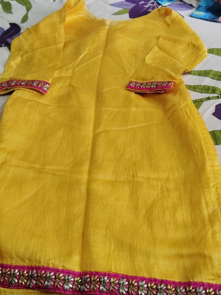 Bright Yellow Sharara Kurta with bottom for girls.