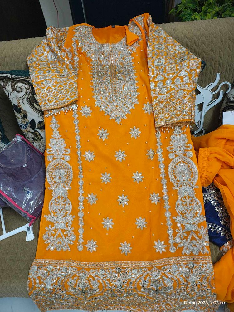 Embroidered musturd Kurta Set