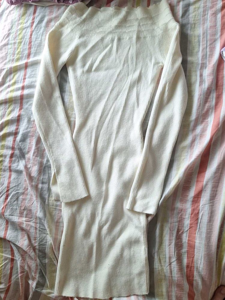 Ribbed Off-Shoulder Cream Dress
