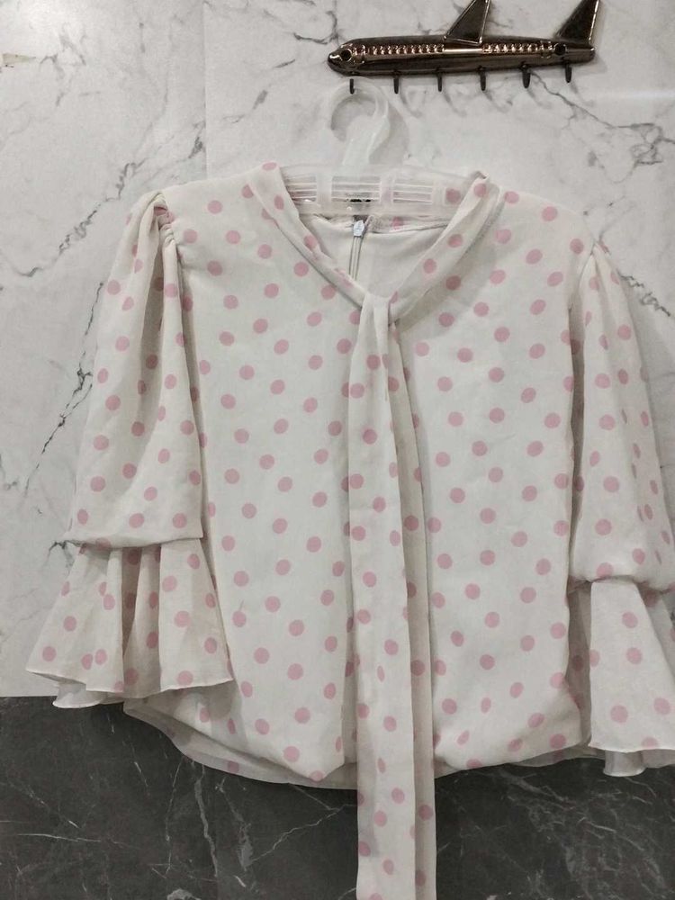 Chic Polka Dot Tie Neck Blouse