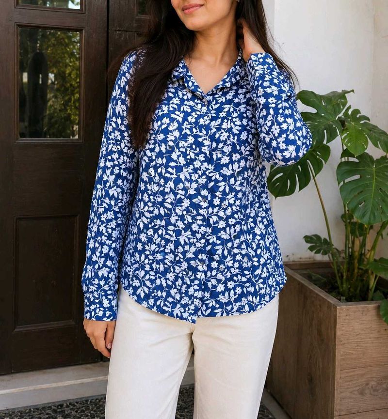 Blue Floral Print Button-Up Shirt