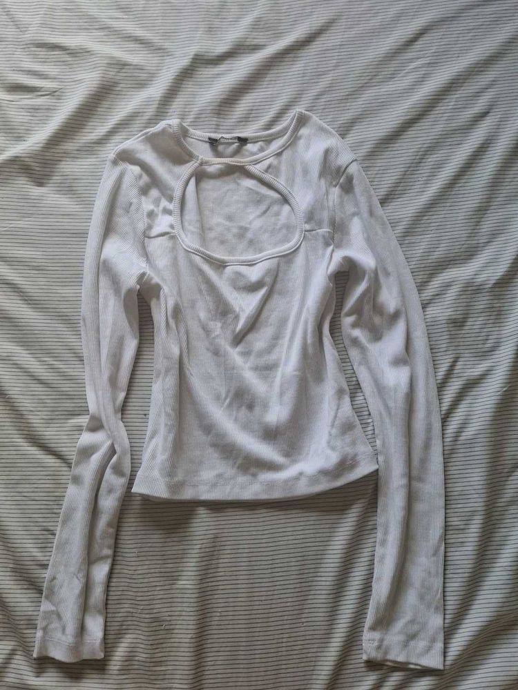 White Long Sleeve Cut-Out Top