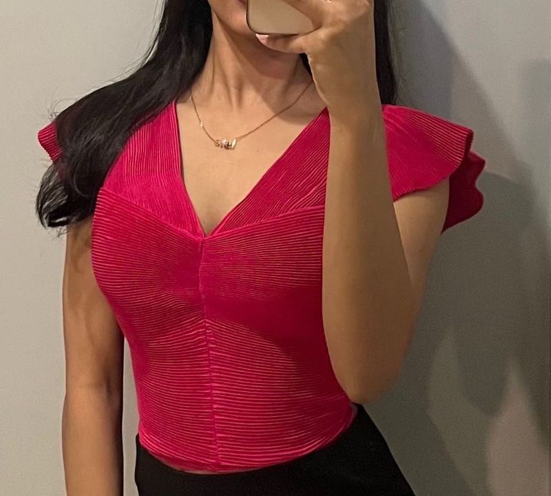 V-Neck Ruffle Sleeve Textured Top