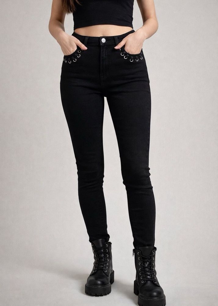 Mango Black Jeans with Eyelet Detail