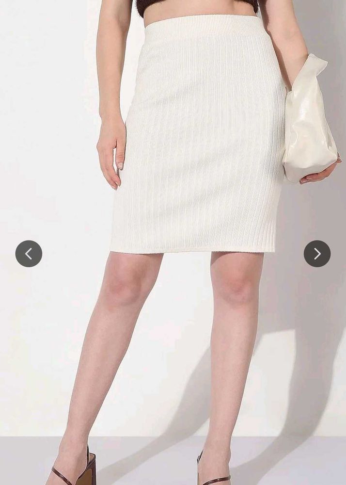 Cream Ribbed Knit Pencil Skirt