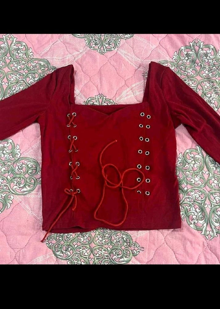 Red Corset Style Lace-Up Top