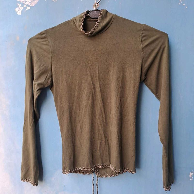 Green Turtleneck Top with Back Detail