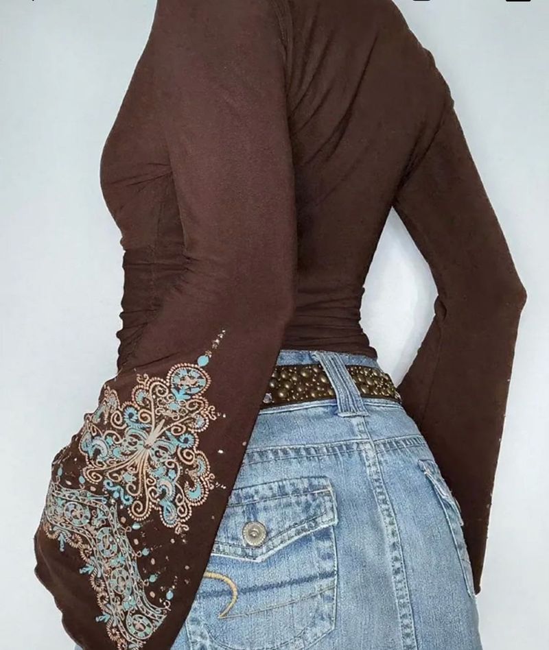 Brown Graphic Long Sleeve Top