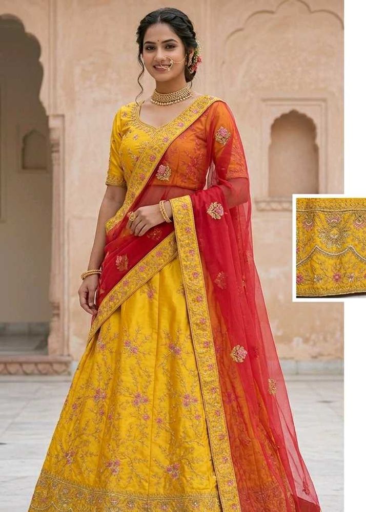 Yellow Embroidered Lehenga Set For wedding