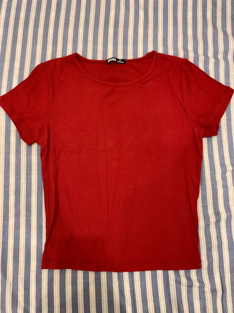 Red Ribbed Crew Neck T-Shirt