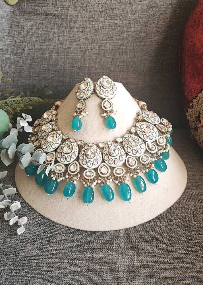 Stunning Teal Kundan Necklace &amp; Earrings Set