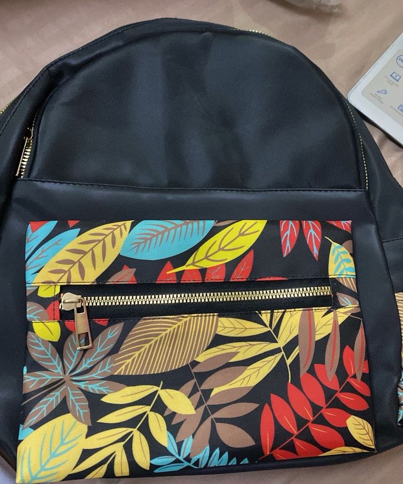Stylish Black Backpack with Leaf Print