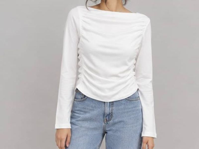 Chic White Ruched Long Sleeve Top