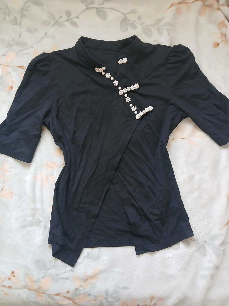 Chic Korean Style top with Pearl Embellishments