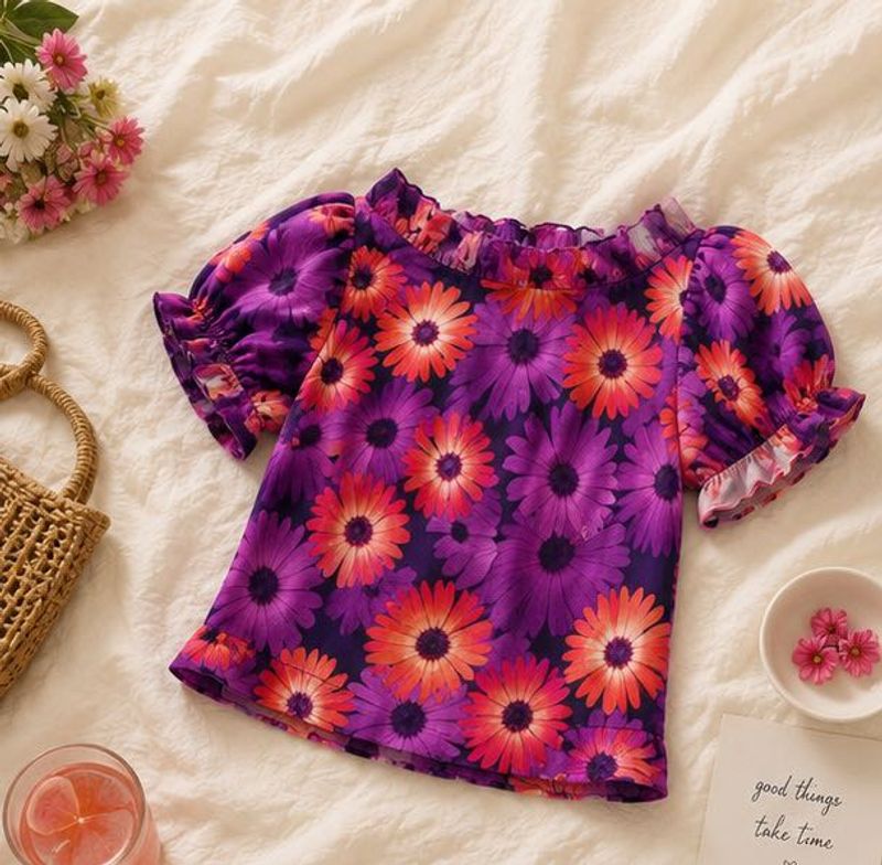 Cute Korean Floral Crop Top💜🌺 /Ruffle Blouse