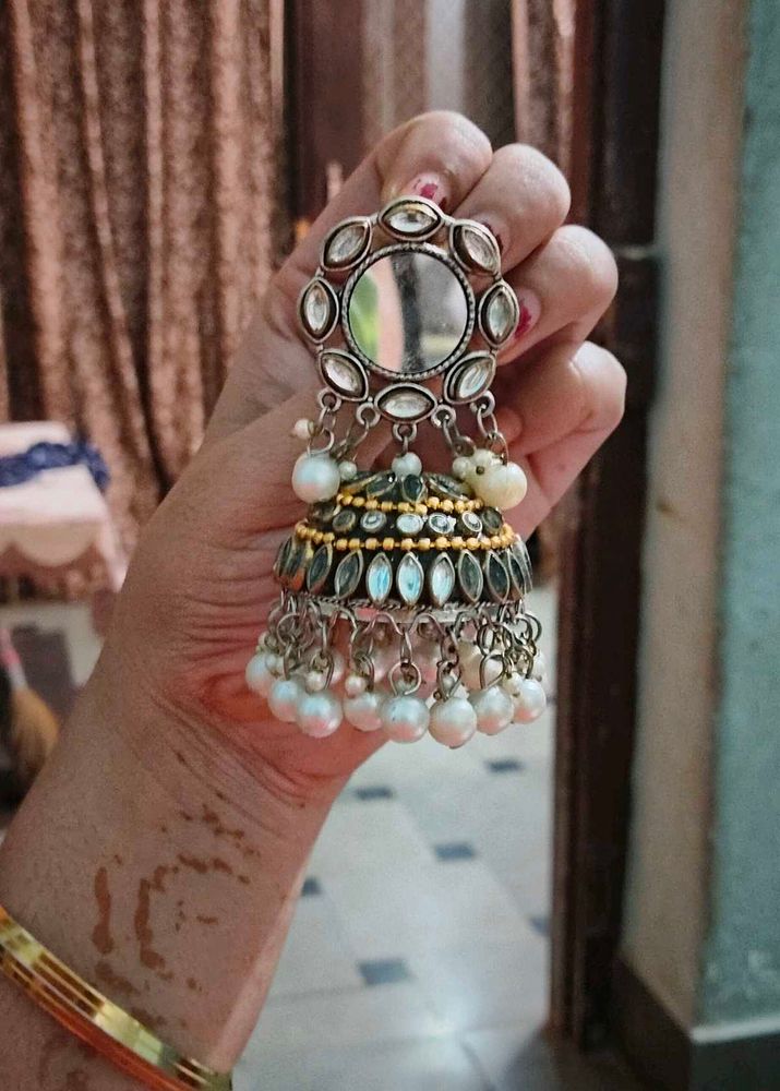 Mirror Jhumka Earrings with Pearl Detail