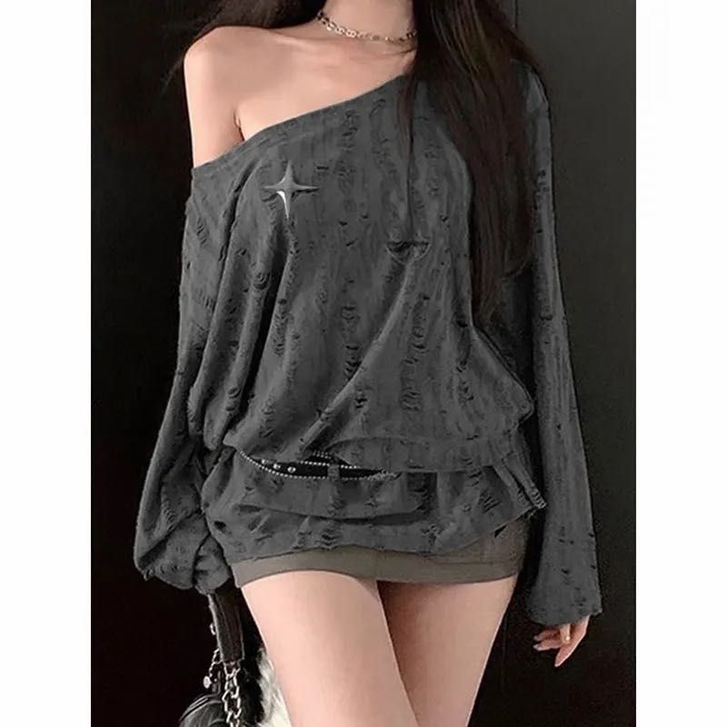 Distressed One-Shoulder Top