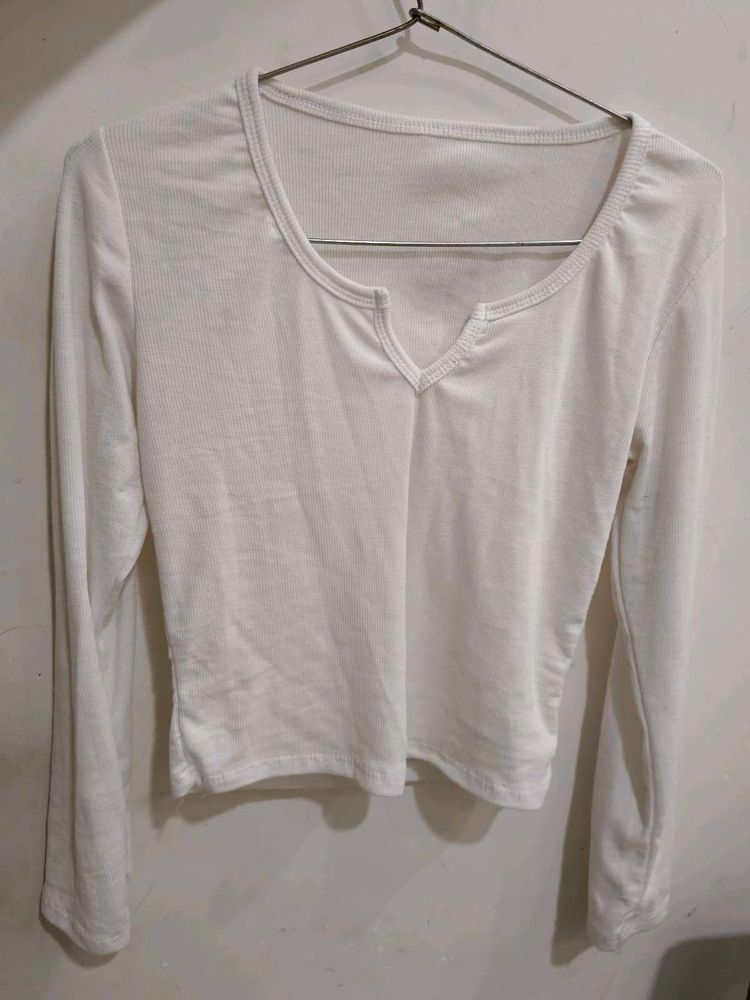 White Long Sleeve V-Neck Top