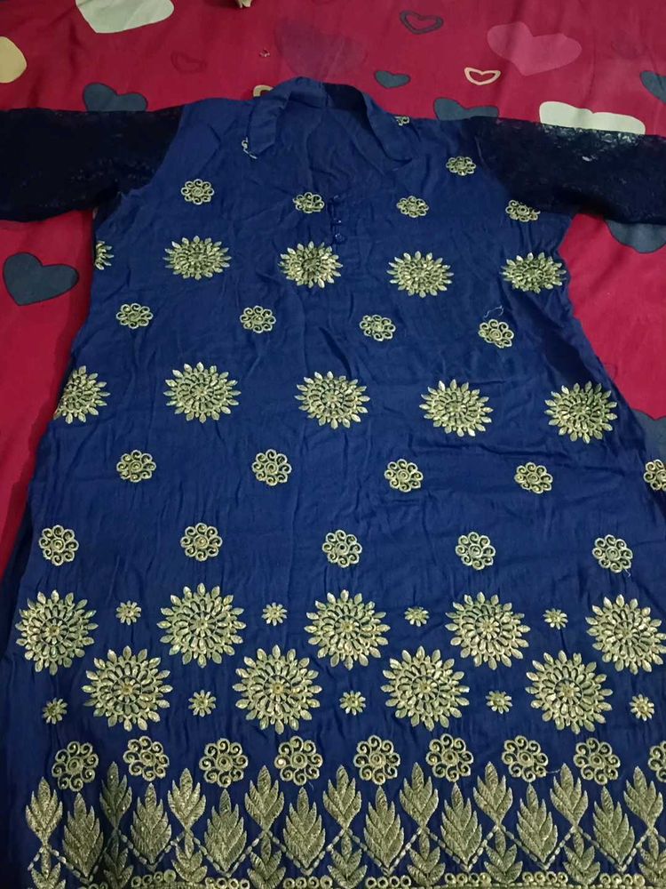 Beautiful Blue Kurta set with Golden Embroidery