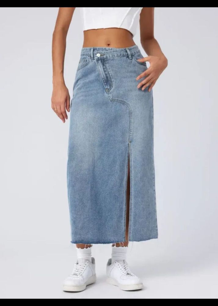 Denim Maxi Skirt with Slit